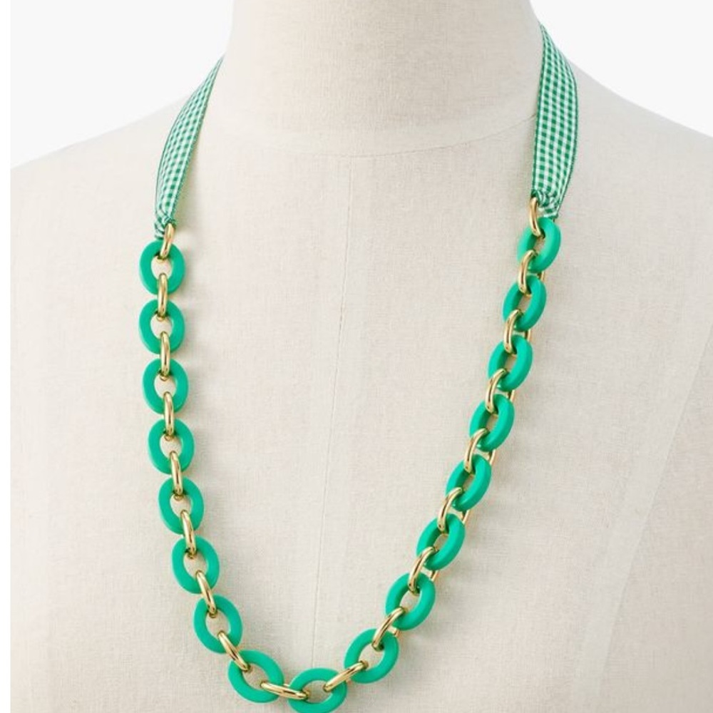Talbots Green Gingham Ribbon Necklace NWT